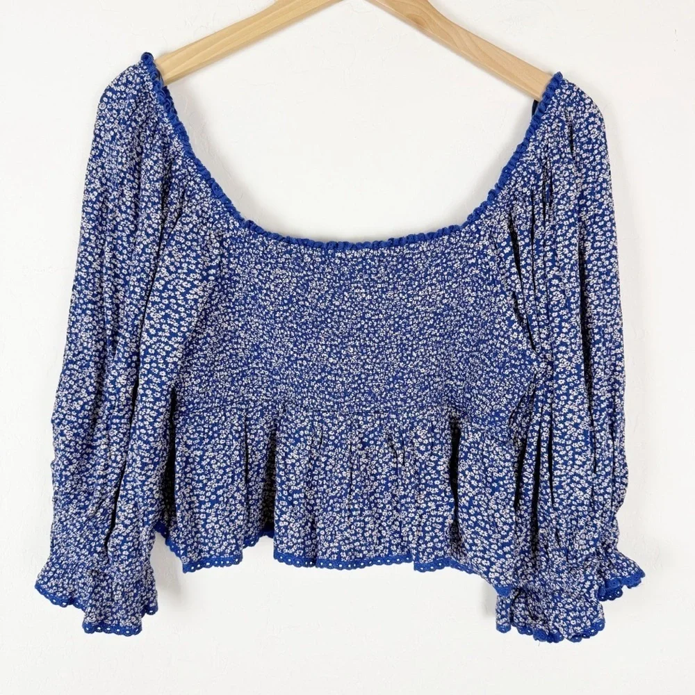 Free People Brittnee Printed Top Blue Floral